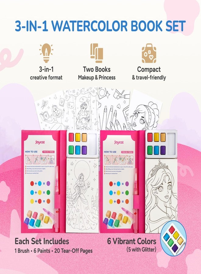 JoyCat 2 Pack Pocket Paint with Water Coloring Books for Kids, Art & Craft Activity Toy Set, Creative Travel & Home Painting Kit, Gifts for Girls & Boys Ages 3-8 (Makeup & Princess) - Image 2